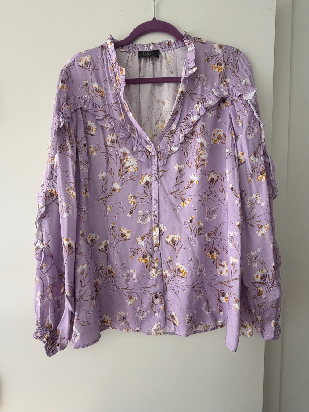 Belldini Lavender Floral Button-Front Ruffle Blouse